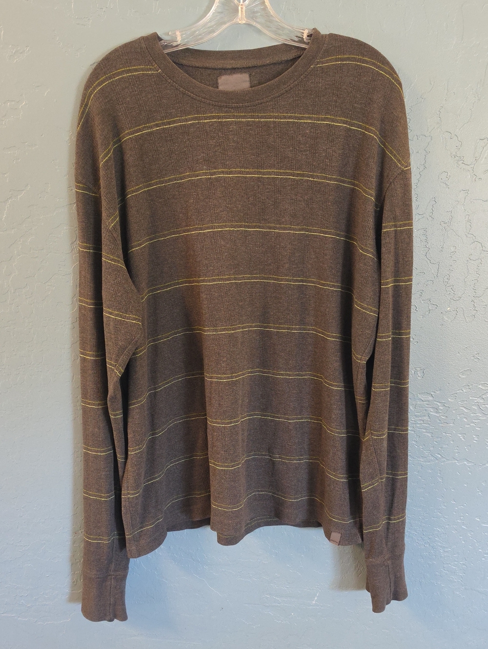 Prana Brown Crewneck Sweater with Yellow Stripe Detail